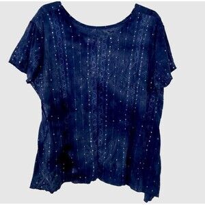 SHANNON FORD NEW YORK 3X Blue Stretch AB Sequin Short Sleeve Knit Top Tie Dyed